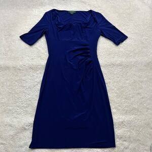 Ralph Lauren Womens Dress 8 Blue Ruched Short Sleeve Wrap Solid Poly Stretch Fit